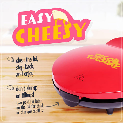 Taco Tuesday Deluxe Electric Quesadilla Maker, 10-inch 6-Wedge with Extra Stuffing Latch, Red