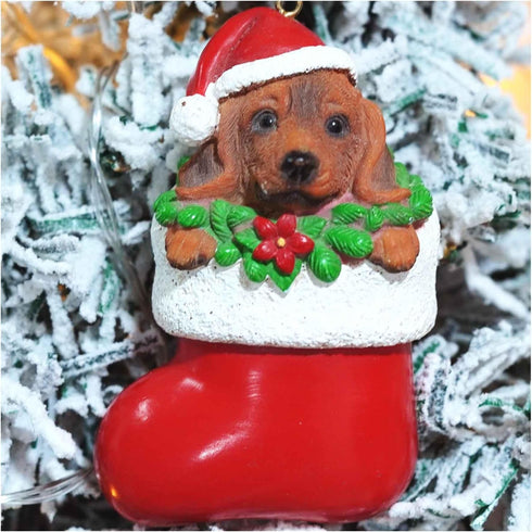 Cici & Jimmy Dachshund Christmas Ornament with Gold Hanging String Cute Wiener Dog in Stocking