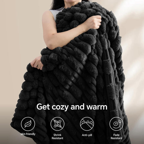 Cozy 50x60 inch, BEDELITE Faux Fur Black Throw Blanket for Couch - Super Soft & Plush Striped Blanket for Sofa and Room