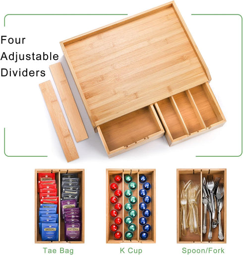 SOUJOY Bamboo Drawer Organizer for Coffee Pods, K Cup Organizer with Drawer and Side Storage Box for Kitchen