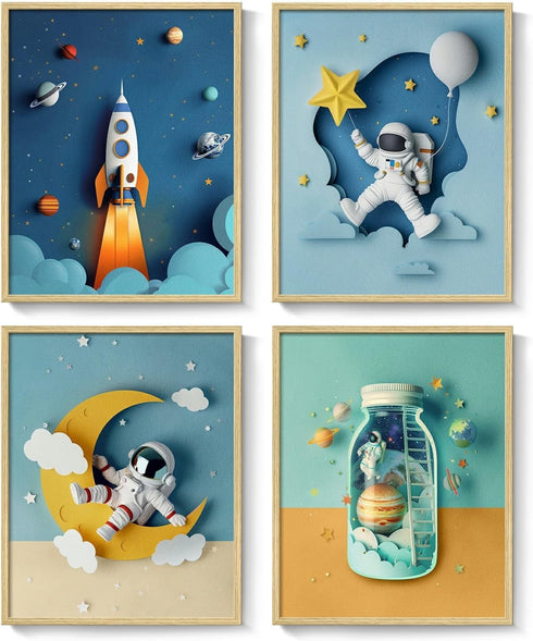 Set 4 8x10 Inch Framed Space Nursery Canvas Wall Art Prints for Baby Boy Room, of Outer Space Themed Bedroom Decor