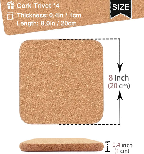 Cork Trivet, 4 Pcs High Density Thick Square Cork Hot Pads for Table & Countertop, 8 Inch Heat Resistant