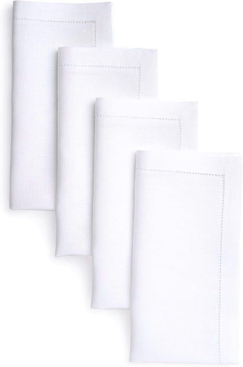 D'Moksha Homes White Linen Napkins Set of 4 - Classic Hemstitch 100% Pure Linen Dinner Napkins, 20 x 20 Inch