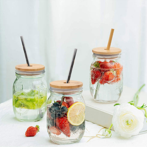 Mason Jar Lids with Straw - Reusable Bamboo Wide Mouth Tumbler Tops, 2 Packs with 2 Stainless Steel Straws