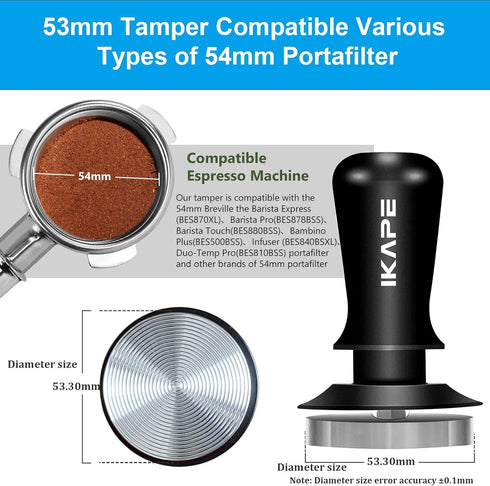 IKAPE 53.3mm Espresso Tamper, Premium Barista Coffee Tamper with Calibrated Spring Loaded, Fits Breville 54mm