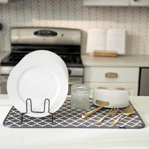 S&T INC. XL Dish Drying Mat 18” x 24” Absorbent Microfiber Kitchen Counter Pad in Pewter Grey Trellis