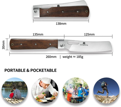 ZhengSheng Folding Chef Knife 4.8" Sharp 440A Stainless Steel Blade Wooden Handle Pocket Foldable Japanese Style Kitchen Knife for Outdoor Camping Cooking by ZhengSheng