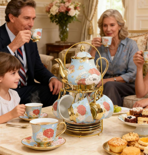 CHANJOON Set, Sets Set 6 Gold Plated Red Rose Ceramic Tea Vintage Tea with Teapot, Beautiful Tea Coffee Serving People