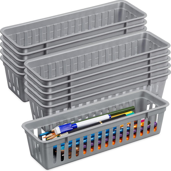 Domensi 12 Pack Slim Plastic Storage Baskets, 10.25 x 3.25 x 2.5 Inch Small Classroom Storage Bins for Organizing