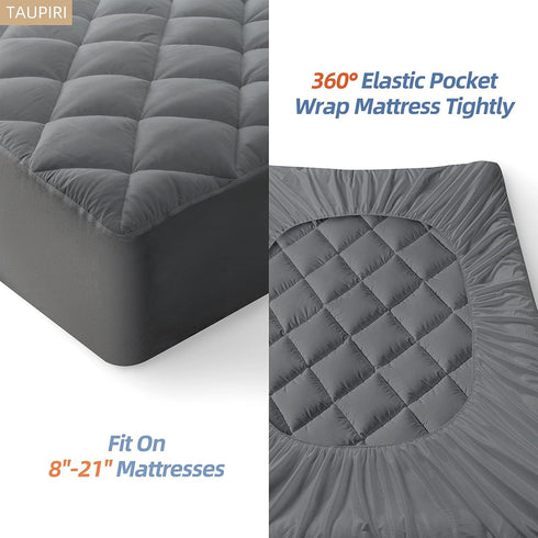 King Taupiri Quilted Mattress Pad Cover, Dark Gray, Cooling Soft Pillowtop, Deep Pocket (8"-21")