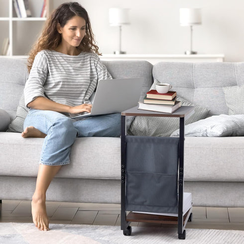 comfoyar C Shaped End Table with Wheels, Small Side Table for Couch with Storage Bag, Slide Under Sofa Side Table TV
