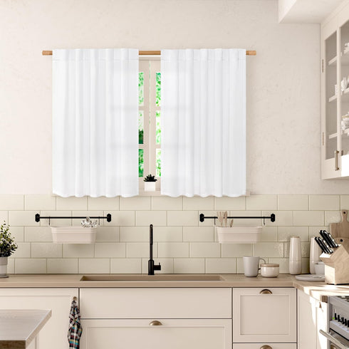 BGment Short Linen Curtains - 36 Inch Length 2 Panels, White Light Filtering Drapes for Kitchen Over Sink