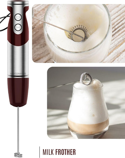 MegaWise Pro Titanium Reinforced 3-in-1 Immersion Corded Hand Blender, 12-Speed with Whisk and Milk Frother (3-in-1 Red)