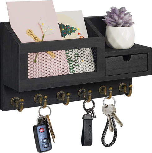 Key and Mail Holder for Wall, Wall Mount Mail Organizer with 6 Hooks and Storage Drawer, Key Rack (B-Black)