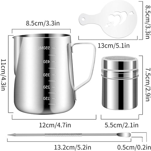 Stainless Steel Milk Frothing Pitcher 20oz/600ml - Milk Jug Cup for Cappuccino Coffee Stencils, Latte Art with 16