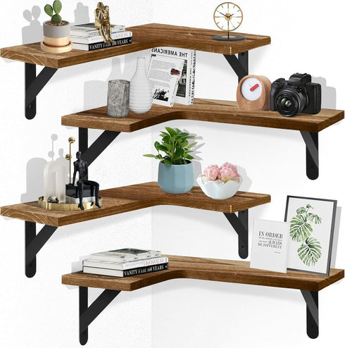 Gabotrie Corner Floating Shelves Set of 4,L-Shaped Wall Mounted Shelf,Rustic Wood Corner Shelvesfor