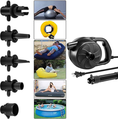 BUYMAX Electric Air Pump High Power Inflator & Deflator Valve with 5 Nozzles for Air Mattress, Rafts, Pools (300W Black)