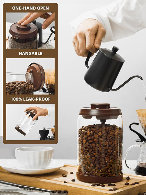 Glass Coffee Jar for Coffee Bar, 900 ml Pop Top Airtight Container with CO2 Valve, 30 Oz Coffee Storage Canister, Brown