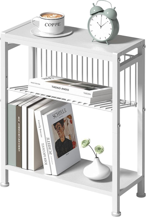 End Table for Small Space, 3-Tier Narrow Side Table with Magazine Holder,Small