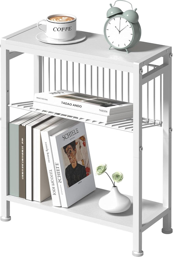 End Table for Small Space, 3-Tier Narrow Side Table with Magazine Holder,Small