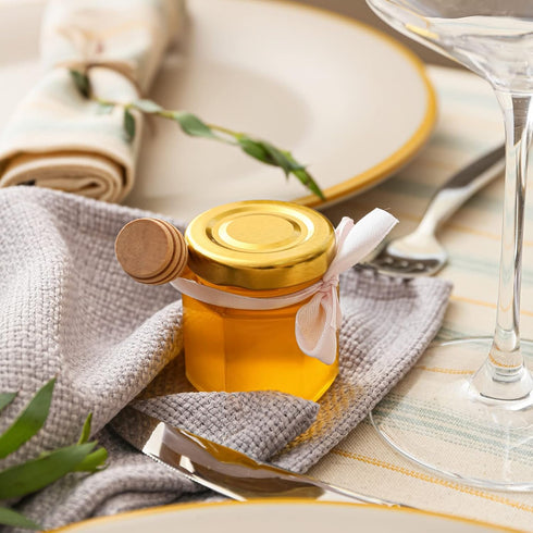60 Pack Lids,1.5 oz CRTWDMAN Mini Honey Jars/Pot Metal Glass,Wooden Dippers,Bee Charms,Jutes,Stickers,Small,Tiny, Baby