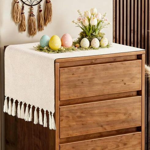 36 Inches yuboo Boho Nightstand Dresser Cover Top for Bedroom, Short Cream Small Farmhouse Coffee Table Runner , Rustic