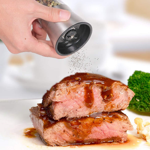Stainless Steel Pepper Mill Shaker and Salt Grinders, Adjustable Salt and Pepper Mill Lid - Easy to Use, Stainless