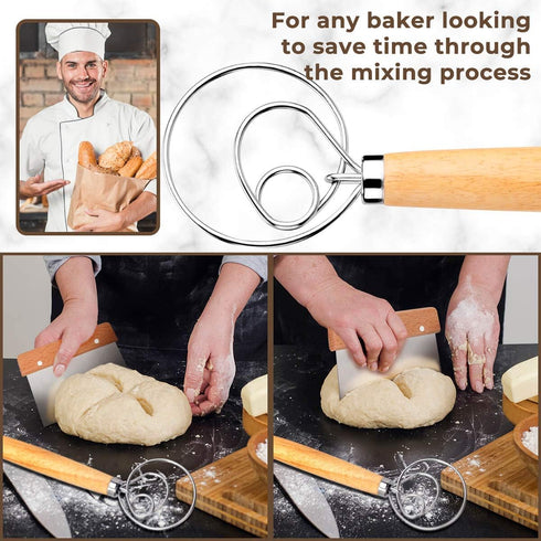 Danish Dough Whisk Bread Mixer, 2 Pack Premium Stainless Steel Dutch Whisk with Dough Scraper for Baking
