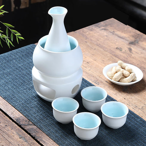 Set Set, 7 Set 1 1 1 4 Foraineam White Ceramic Sake with Warmer Pot, Japanese Style Porcelain Hot Saki Drink Bottle