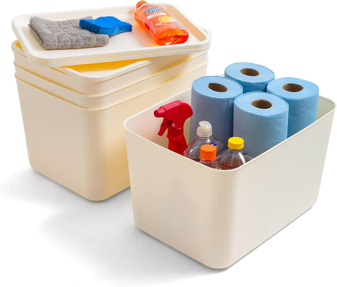 IRIS USA Plasti Basket Bin & Lid, Large, 4-Pack Stackable Lidded Storage Organizer Bins for Kitchen, Bathroom, Bedroom,
