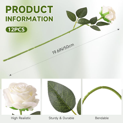 Tifuly White Roses Artificial Flowers, 12 pcs Realistic Single Long Stem Fake Silk Roses Bouquet for Home Wedding Decor