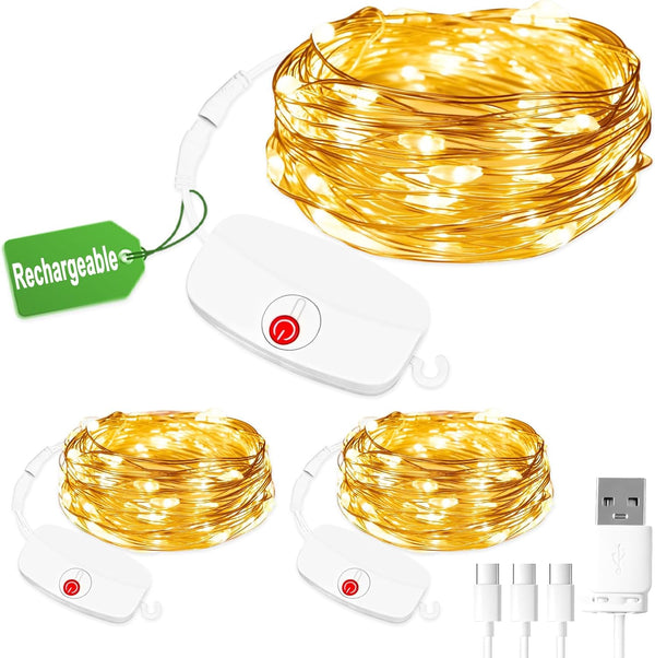 3pcs Mini Fairy Lights Rechargeable, 9.8ft 30 LED String Light Battery Operated,