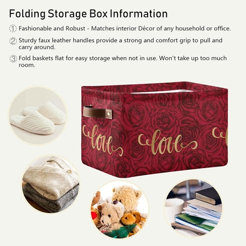 senya Valentine's Day Large Storage Basket, Foldable with Handles, Romantic Rose Fabric Organizer Bag