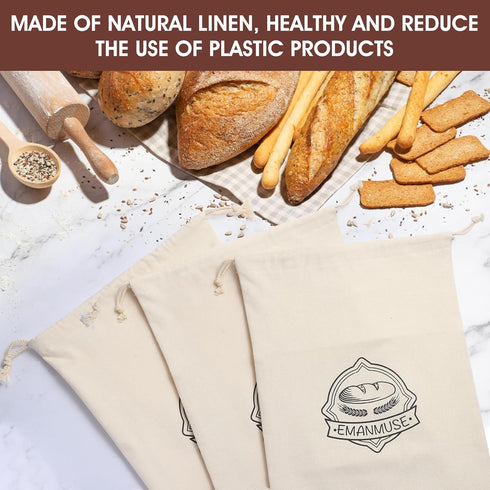 3-Pack 12x17.5 Inch Linen Bread Bags for Homemade Bread & Sourdough, Unbleached with TPU Lining - Reusable Washable