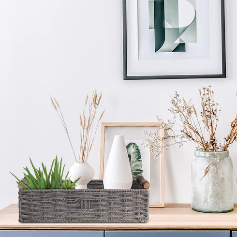 Round Grey Paper Rope Storage Basket, Wicker Baskets for Organizing with Handle, Decorative Storage Bins
