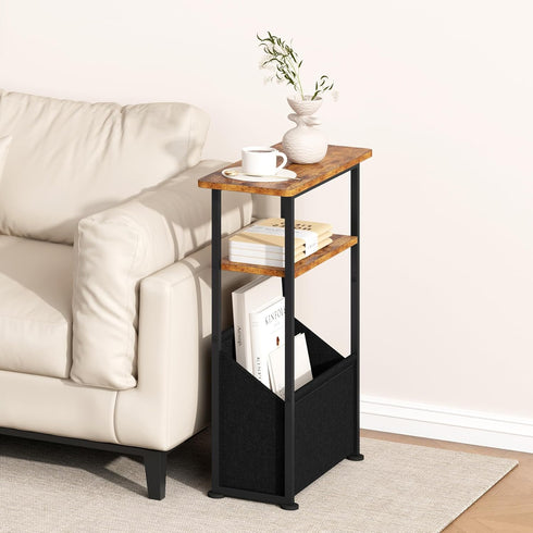 3 Yusong Narrow Side Table for Small Spaces, Skinny End Table with Storage Basket, Tier Slim Sofa Couch Bedside Table