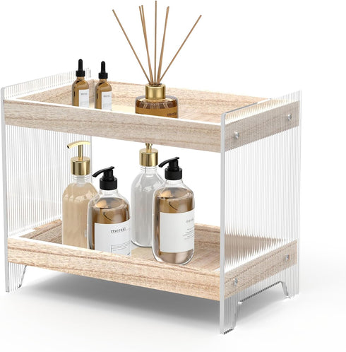 Bathroom Countertop Organizer, 2-Tier Wood Shelf for Cosmetic Storage, Acrylic Standing Rack for Home