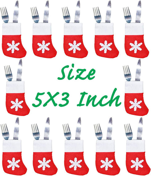 12Pcs Mini Christmas Stockings Snowflake Holders for Candy, Knife, Spoon, Fork, and Xmas Table Decorations