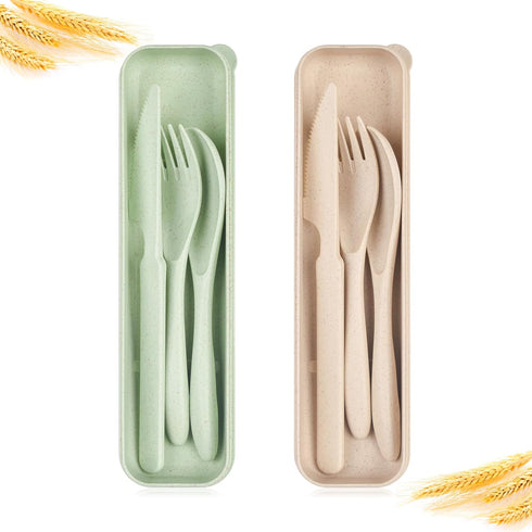 Travel Utensil Set with Case, 2 Sets Wheat Straw Reusable Spoon Chopstick Forks Tableware, Portable Cutlery for Daily
