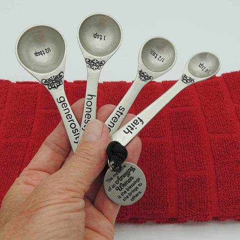 Amazing Woman Measuring Spoon Set, Decorative Kitchen Accessories, 4 Spoons, Engraved Pewter and Silver Enamel