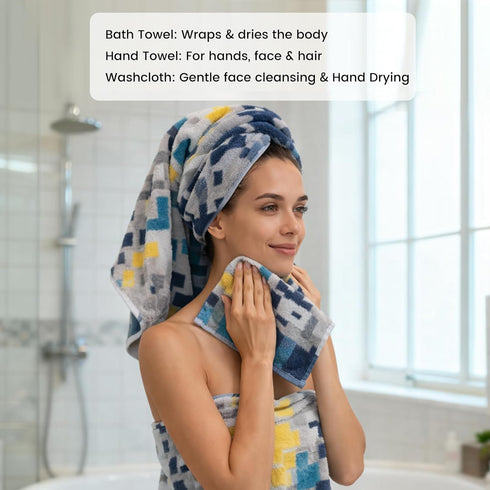 Set, 8 Set SEMAXE Bath Towel Piece Towel for Bathroom, Quick Dry Cotton Towels with Hanging Loops, Easy Care, Geometric