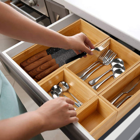 Secura Kitchen Drawer Utensil Organizer Box Set, 5 Pack Bamboo Holder for Cutlery, Makeup, Silverware, Jewelry
