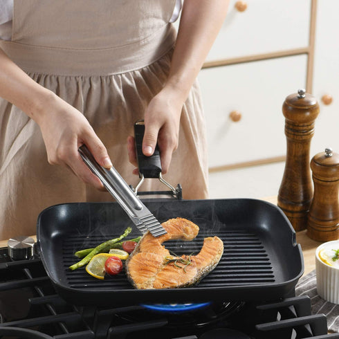 S·KITCHN Nonstick Grill Pan for Stove Tops, Induction Compatible KBBQ - 13 × 9IN with Folding Handle and Pour Spouts