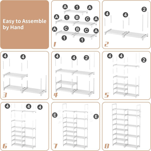 Closet 8 26-32 ROJASOP White Shoe Rack, Tall Metal Shoe Rack Organizer for Entryway Garage, Tier Large Shoe Shelf