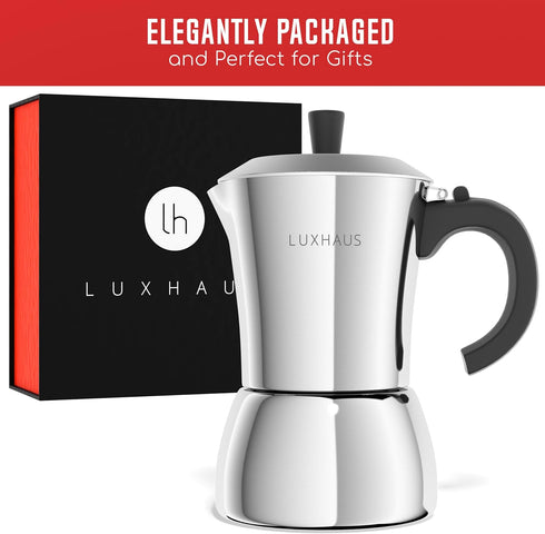 6 100% LuxHaus Moka Pot - Cup Stovetop Espresso Coffee Maker - Stainless Steel Italian and Cuban Mocha Coffee Maker
