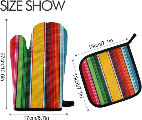 Oven Mitts and Pot Holders, Mexican Traditional Ethnic Striped Heat Resistant Gloves