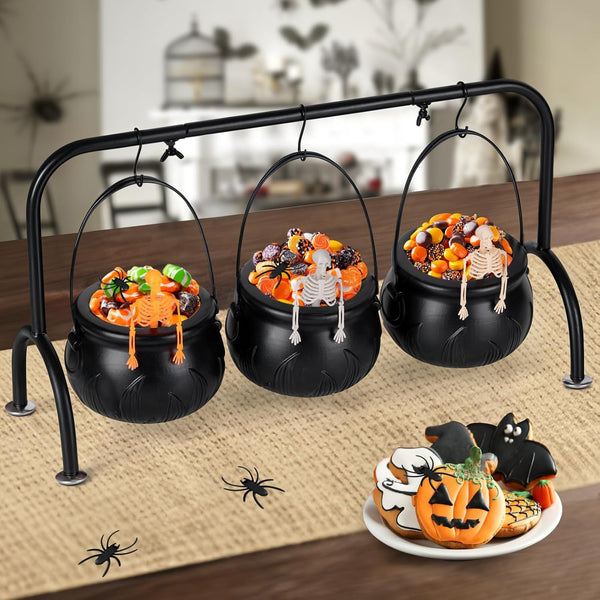 Halloween Party Decor - Set of 3 Witches Cauldron Serving Bowls on Rack, Black Plastic Cauldron with Skeletons