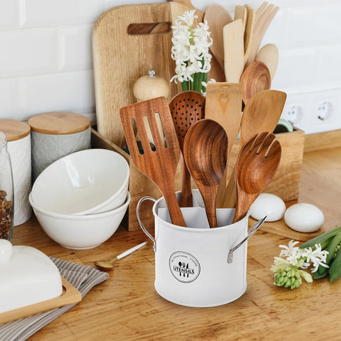 Vintage Farmhouse Utensil Holder, 4 Compartment Metal Cutlery Caddy with Removable Divider, White