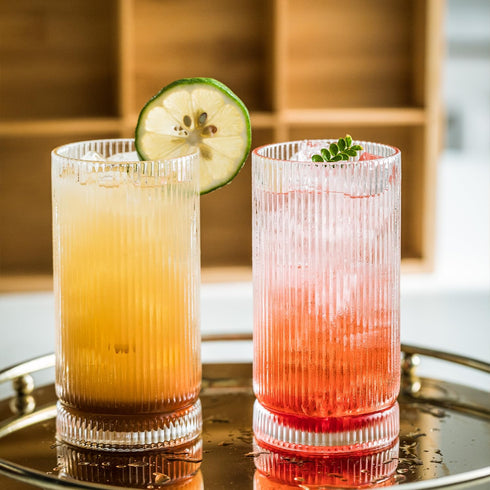 Set 16 Oz Set (6Pcs) KEMORELA Ribbed Glassware of, Origami Style XL Drinking Glasses with Straws, Vintage Glassware