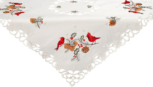 Embroidered Christmas Red Cardinals and Pine Cones Table Topper, Small Tablecloth (33 Inch Square)